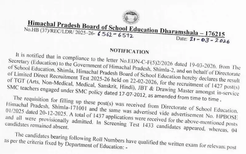 HPBOSE LDRT Result 2026